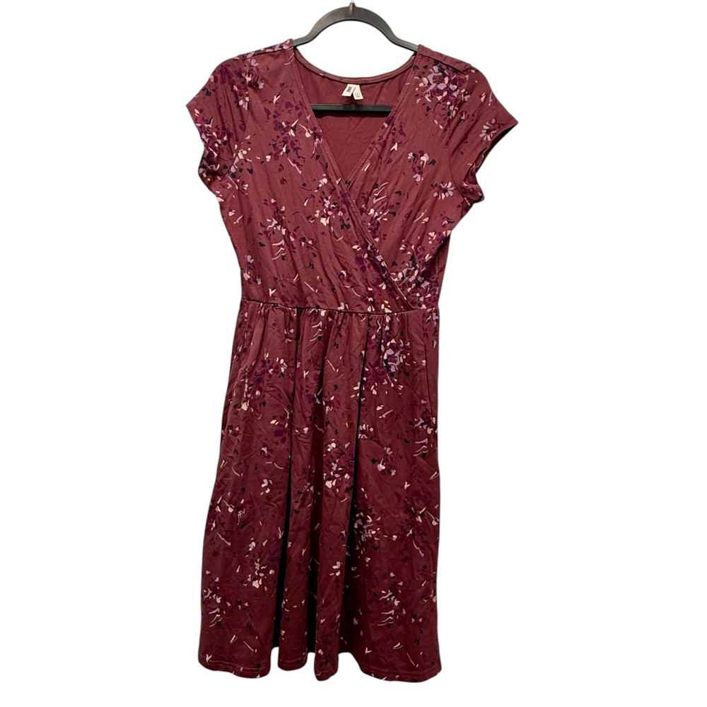 Pact Organic Cotton Floral Fit and Flare Dress Burgundy V-Neck Small
